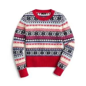 JCrew Fair Isle‎ Crewneck Lambs Wool Blend Sweater 2X Red Navy Winter Christmas